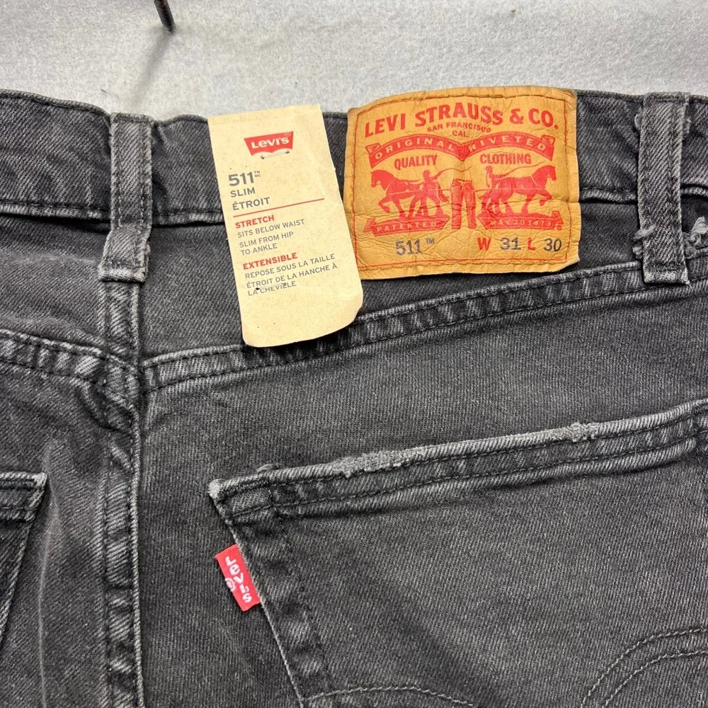 Levis 511 Slim Fit Jeans Mens 31x30 Black Distressed Stretch Denim 04511-5852